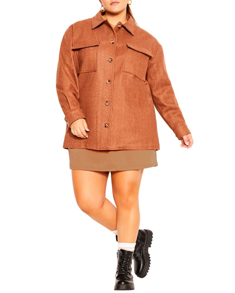 Front of a model wearing a size XXS SHACKET LOUNGER in Biscuit by City Chic. | dia_product_style_image_id:243355